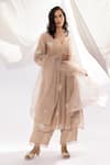 Buy_Pants And Pajamas_Ivory Chanderi, Cotton, Silk Embroidery V-neck Kurta And Pant Set 