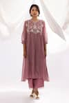 Buy_Pants And Pajamas_Purple Chanderi, Cotton, Silk Embroidery Round Polka Dot Print Kurta And Pant Set _at_Aza_Fashions