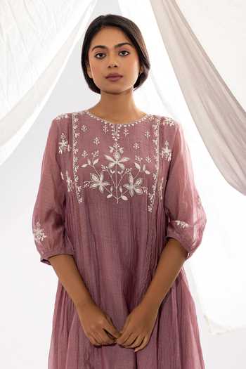 Buy_Pants And Pajamas_Purple Chanderi, Cotton, Silk Embroidery Round Polka Dot Print Kurta And Pant Set _Online_at_Aza_Fashions