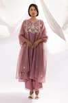 Pants And Pajamas_Purple Chanderi, Cotton, Silk Embroidery Round Polka Dot Print Kurta And Pant Set _at_Aza_Fashions
