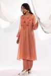 Buy_Pants and Pajamas_Peach Kurta Chanderi Mul Printed Polka Dots Floral Hand Embroidered And Pant Set _at_Aza_Fashions