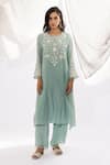 Buy_Pants and Pajamas_Blue Kurta Chanderi Mul Hand Embroidered Floral Round And Pant Set _at_Aza_Fashions