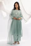 Pants and Pajamas_Blue Kurta Chanderi Mul Hand Embroidered Floral Round And Pant Set _Online_at_Aza_Fashions