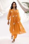 Buy_Pants and Pajamas_Orange Kurta Chanderi Mul Hand Embroidered Floral V Neck Work And Pant Set _Online_at_Aza_Fashions