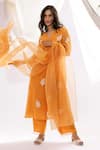 Buy_Pants and Pajamas_Orange Kurta Chanderi Mul Hand Embroidered Floral V Neck Work And Pant Set 