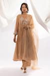 Pants and Pajamas_Beige Kurta Chanderi Mul Hand Embroidered Floral V Chikankari And Pant Set _at_Aza_Fashions