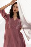 Pants And Pajamas_Purple Chanderi, Cotton, Silk Embroidery V-neck Hand Kurta And Pant Set _Online_at_Aza_Fashions
