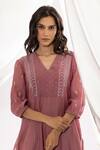 Pants And Pajamas_Purple Chanderi, Cotton, Silk Embroidery V-neck Hand Kurta And Pant Set _at_Aza_Fashions