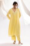 Buy Pants And Pajamas Yellow Chanderi, Cotton, Silk Embroidery V-neck Kurta And Pant Set at Aza Fashions Buy_Pants And Pajamas_Yellow Chanderi, Cotton, Silk Embroidery V-neck Kurta And Pant Set _at_Aza_Fashions