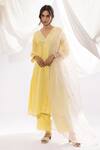 Pants And Pajamas Yellow Chanderi, Cotton, Silk Embroidery V-neck Kurta And Pant Set Online at Aza Fashions Pants And Pajamas_Yellow Chanderi, Cotton, Silk Embroidery V-neck Kurta And Pant Set _Online_at_Aza_Fashions