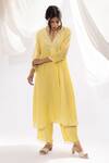 Pants And Pajamas Yellow Chanderi, Cotton, Silk Embroidery V-neck Kurta And Pant Set at Aza Fashions Pants And Pajamas_Yellow Chanderi, Cotton, Silk Embroidery V-neck Kurta And Pant Set _at_Aza_Fashions