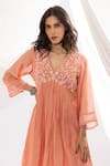 Buy_Pants and Pajamas_Peach Kurta Chanderi Mul Hand Embroidered Floral V Neck Thread And Pant Set _Online_at_Aza_Fashions