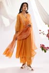 Pants and Pajamas_Orange Kurta Chanderi Mul Hand Embroidered Floral V Chikankari Work And Pant Set _Online_at_Aza_Fashions