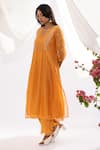 Shop_Pants and Pajamas_Orange Kurta Chanderi Mul Hand Embroidered Floral V Chikankari Work And Pant Set _Online_at_Aza_Fashions