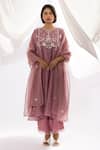 Buy_Pants And Pajamas_Purple Chanderi, Cotton, , Organza Floral Polka Dot Kurta Set _at_Aza_Fashions