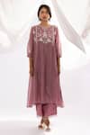 Buy_Pants And Pajamas_Purple Chanderi, Cotton, , Organza Floral Polka Dot Kurta Set _Online_at_Aza_Fashions