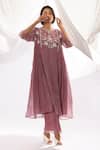 Pants And Pajamas_Purple Chanderi, Cotton, , Organza Floral Polka Dot Kurta Set _at_Aza_Fashions