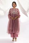 Pants and Pajamas_Purple Chanderi Mull Printed Polka Dot Round And Floral Embroidered Kurta _at_Aza_Fashions