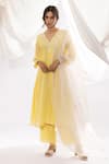 Buy_Pants and Pajamas_Yellow Chanderi Mul Embroidery Chikankari V Neck Floral Neckline Kurta Set _at_Aza_Fashions