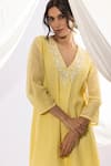 Shop_Pants and Pajamas_Yellow Chanderi Mul Embroidery Chikankari V Neck Floral Neckline Kurta Set _Online_at_Aza_Fashions