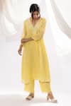 Buy_Pants and Pajamas_Yellow Chanderi Mul Embroidery Chikankari V Neck Floral Neckline Kurta Set 