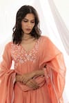 Buy_Pants and Pajamas_Peach Chanderi Mul Embroidery Chikankari Thread V Neck Anarkali Set _Online_at_Aza_Fashions