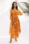 Buy_Pants and Pajamas_Orange Chanderi Mull Threadwork Floral V-neck Kurta _at_Aza_Fashions