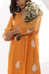 Pants and Pajamas_Orange Chanderi Mull Threadwork Floral V-neck Kurta _at_Aza_Fashions