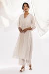 Buy_Pants and Pajamas_White Chanderi Mull Embroidered Chikankari V-neck Kurta _at_Aza_Fashions