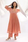 Buy_Pants and Pajamas_Peach Chanderi Mull Threadwork Floral V-neck Yoke Anarkali _at_Aza_Fashions