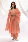 Pants and Pajamas_Peach Chanderi Mull Threadwork Floral V-neck Yoke Anarkali _Online_at_Aza_Fashions