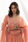 Buy_Pants and Pajamas_Peach Chanderi Mull Threadwork Floral V-neck Yoke Anarkali _Online_at_Aza_Fashions