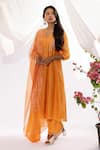 Buy_Pants and Pajamas_Orange Chanderi Mull Embroidered Chikankari V-neck Kurta _Online_at_Aza_Fashions