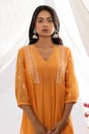 Shop_Pants and Pajamas_Orange Chanderi Mull Embroidered Chikankari V-neck Kurta _Online_at_Aza_Fashions