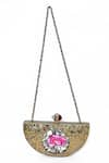 House of Webhin_Gold Agate Stone Embellished Half-moon Mop Clutch With Sling Chain _Online_at_Aza_Fashions