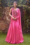 Buy_Label Rsd_Pink Mesh Hand Embroidered Bugle Beads V Neck Hot Saree Gown _at_Aza_Fashions
