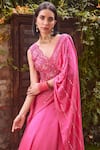 Label Rsd_Pink Mesh Hand Embroidered Bugle Beads V Neck Hot Saree Gown _Online_at_Aza_Fashions