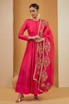 Buy_Neha Khullar_Pink Chanderi Silk Hand Embroidered Dupatta Floral Round Anarkali With  _at_Aza_Fashions