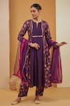 Buy_Neha Khullar_Purple Chanderi Silk Print Floral Notched Neck Panel Kurta Pant Set _at_Aza_Fashions