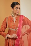 Buy_Neha Khullar_Orange Chanderi Silk Print Geometric Jaal Notched Neck Kurta Pant Set _Online_at_Aza_Fashions