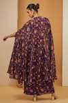 Shop_Neha Khullar_Purple Viscose Chinon Print Floral Bloom Cape Draped Skirt Set  _at_Aza_Fashions