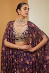 Neha Khullar_Purple Viscose Chinon Print Floral Bloom Cape Draped Skirt Set  _at_Aza_Fashions