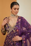 Neha Khullar_Purple Viscose Chinon Print Floral V Neck Bloom Anarkali With Dupatta  _Online_at_Aza_Fashions