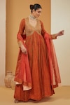 Buy_Neha Khullar_Orange Viscose Chinon Print Geometric Jaal V Anarkali With Dupatta _at_Aza_Fashions