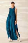 Buy_Ilk_Blue Silk Crepe Plain Round Smocked Cowl Dress _at_Aza_Fashions