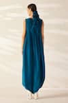 Shop_Ilk_Blue Silk Crepe Plain Round Smocked Cowl Dress _at_Aza_Fashions