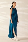 Ilk_Blue Silk Crepe Plain Round Smocked Cowl Dress _Online_at_Aza_Fashions