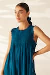 Buy_Ilk_Blue Silk Crepe Plain Round Smocked Cowl Dress _Online_at_Aza_Fashions
