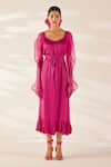 Buy_Ilk_Pink Silk Plain Scoop Neck Dress With Smocked Belt  _at_Aza_Fashions