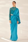 Buy_Ilk_Blue Silk Embroidered Bead Band Smocked Saree With Embellished Blouse  _at_Aza_Fashions